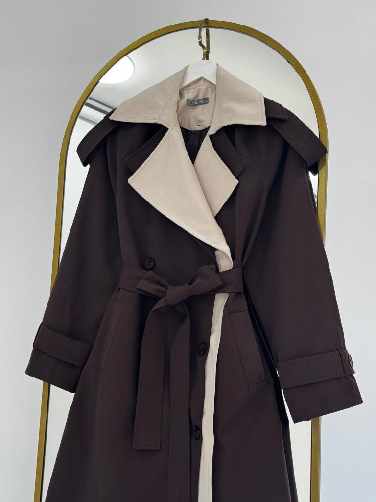 Women's Two-Tone Detail Oversize Trench Coat (detachable inner detail) G4887 - Brown