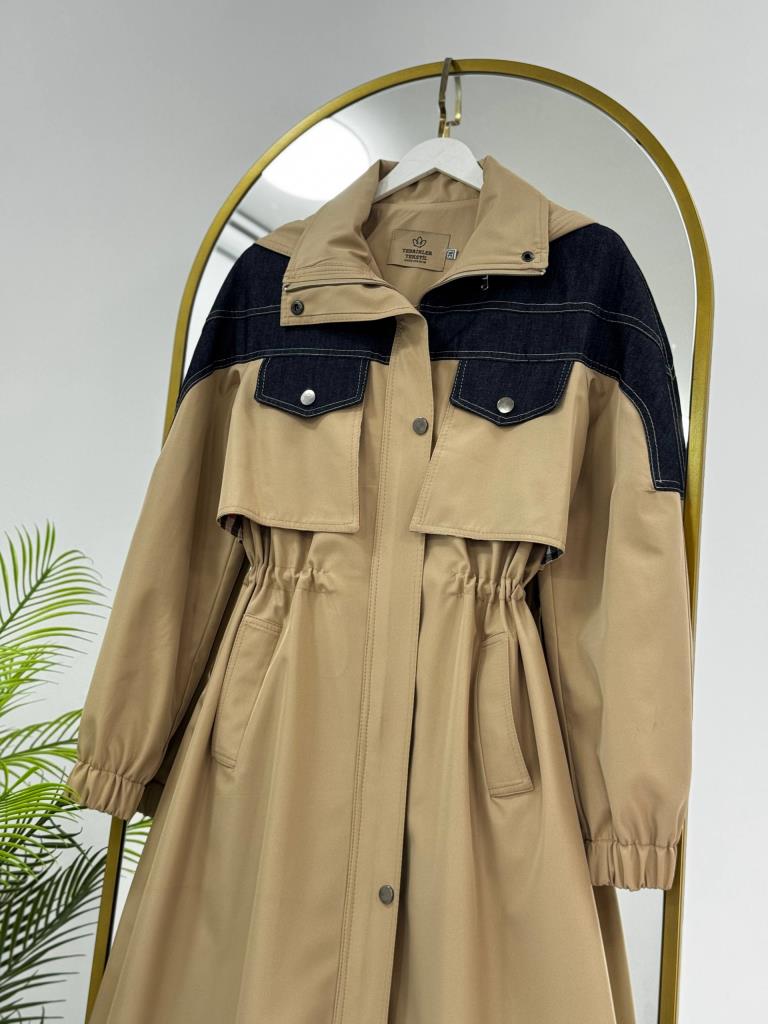 Women's Denim Detail Waist Trench Coat G4858 - Beige
