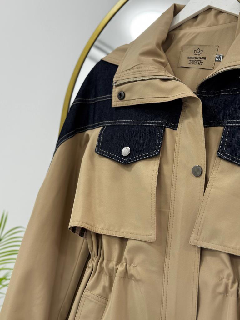 Women's Denim Detail Waist Trench Coat G4858 - Beige