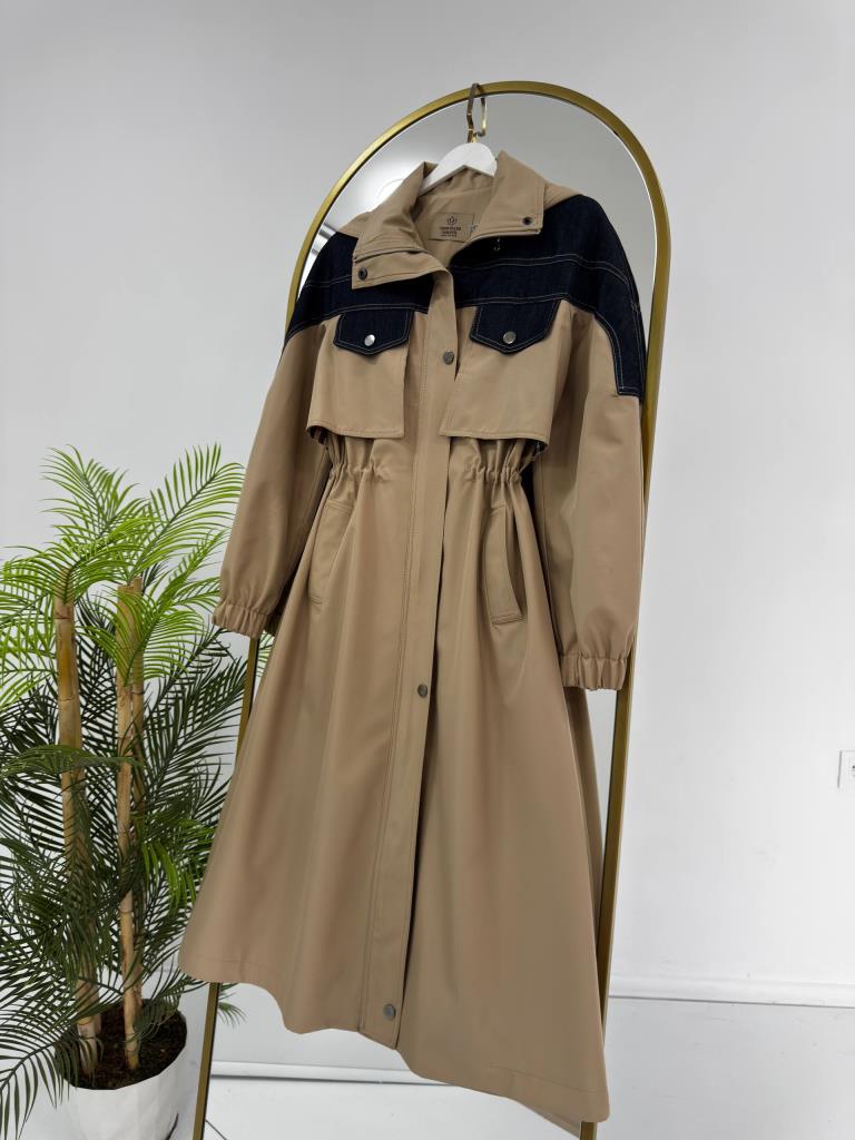 Women's Denim Detail Waist Trench Coat G4858 - Beige