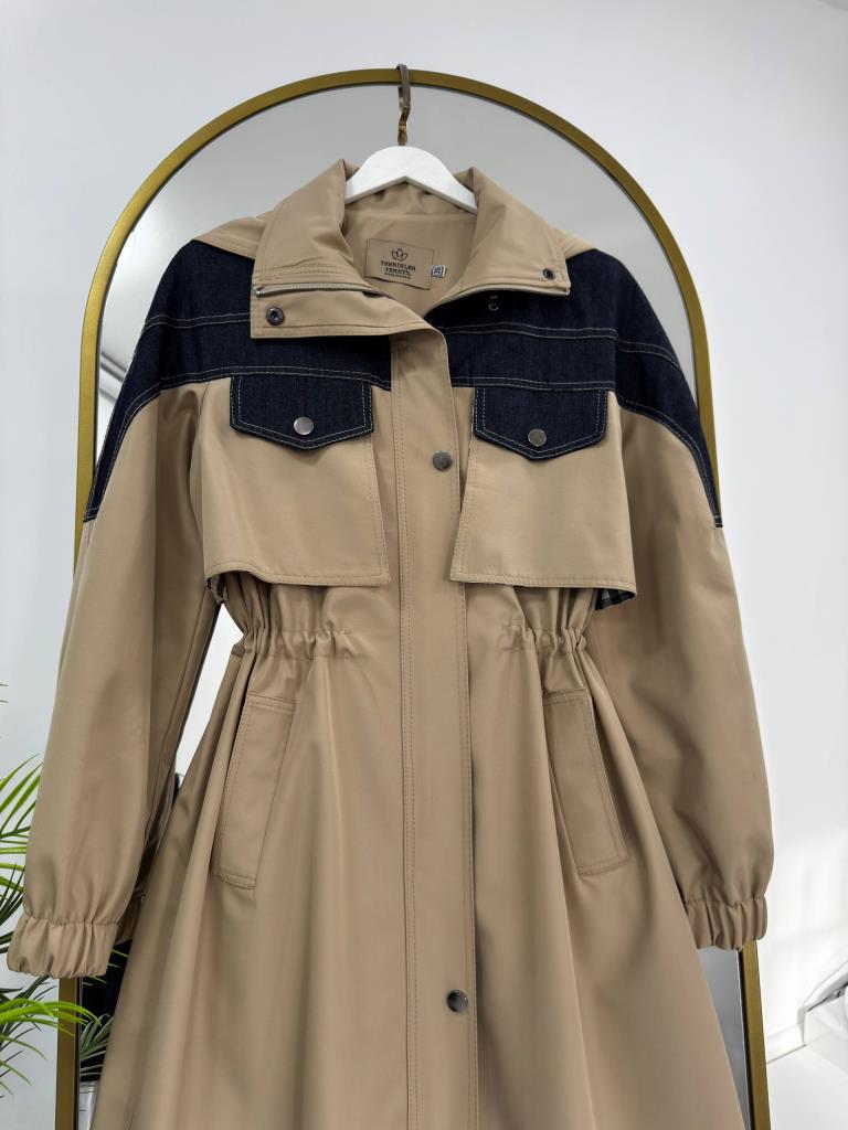 Women's Denim Detail Waist Trench Coat G4858 - Beige