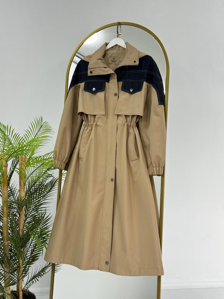 Women's Denim Detail Waist Trench Coat G4858 - Beige