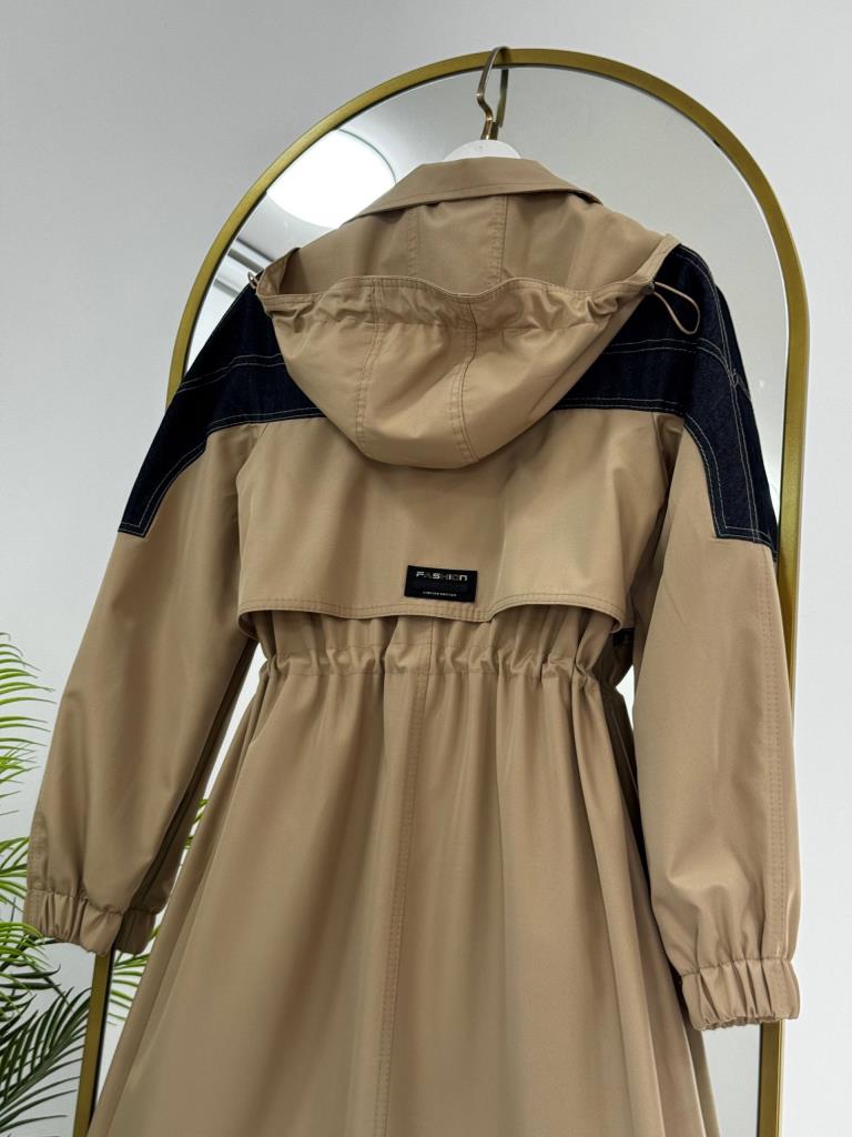 Women's Denim Detail Waist Trench Coat G4858 - Beige