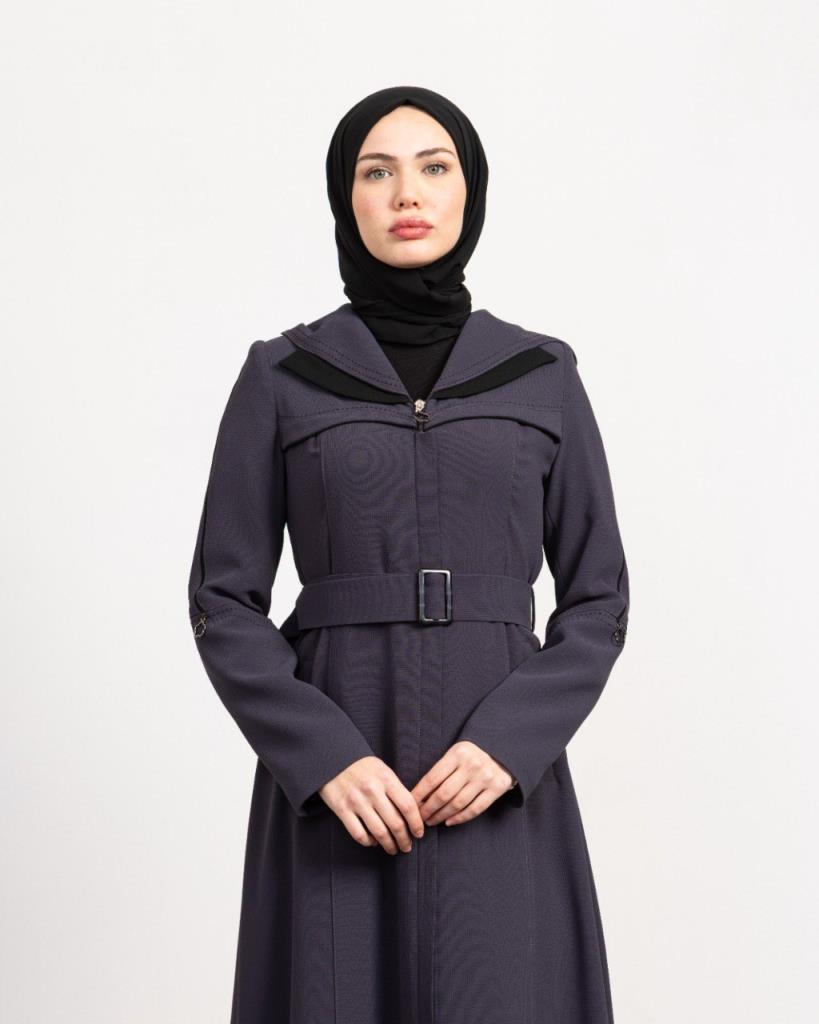 kadın uzun trençkot astarlı model M0029 - SIYAH ON GRI