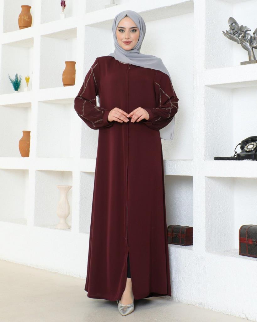 Modest abaya with a sophisticated and elegant design, combining simplicity and luxury, model m2023 - Burgundy