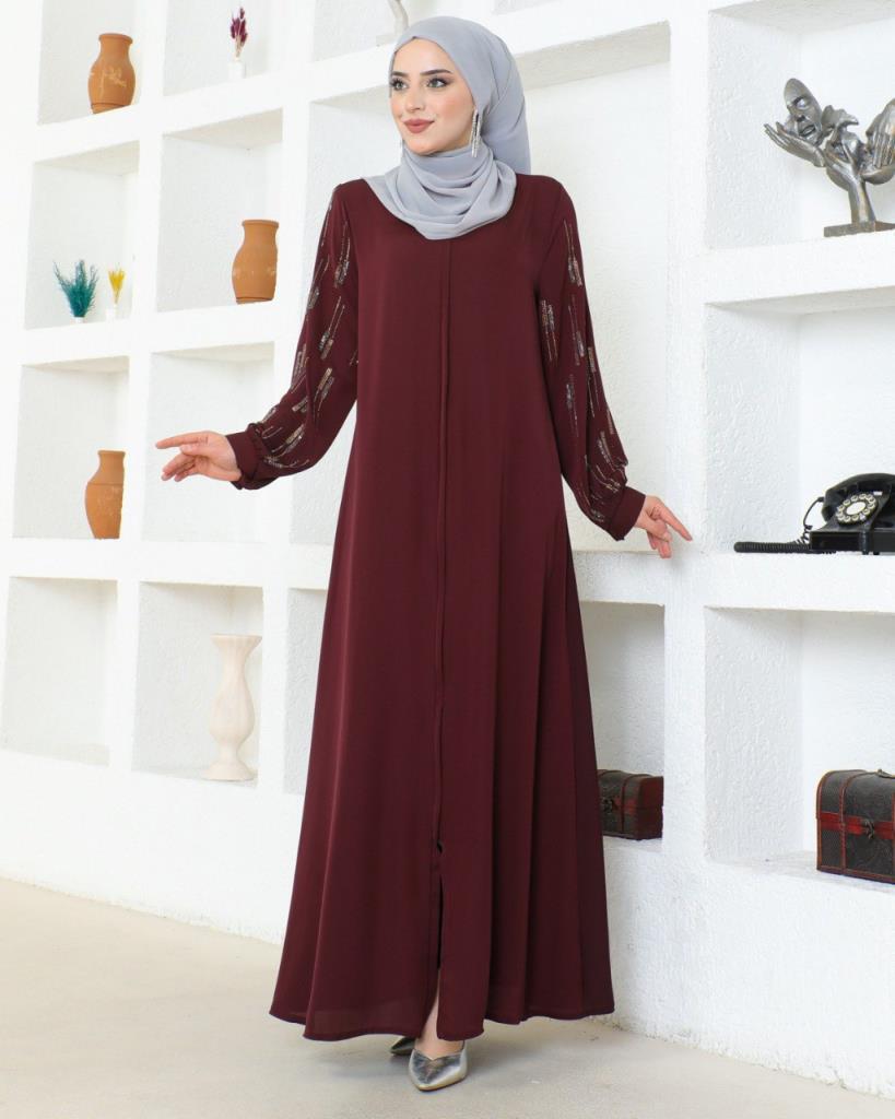 Modest abaya with a sophisticated and elegant design, combining simplicity and luxury, model m2024 - Burgundy