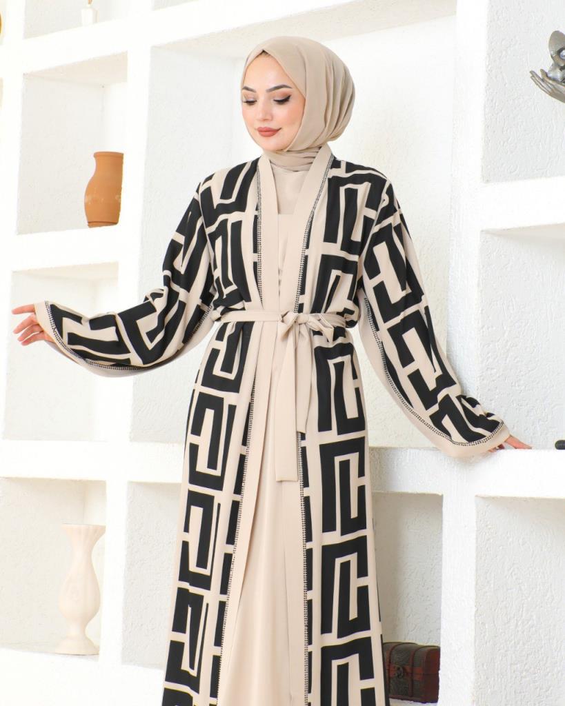 Comfortable two-piece abaya for veiled women for the spring and summer season, model m2032 - Beige