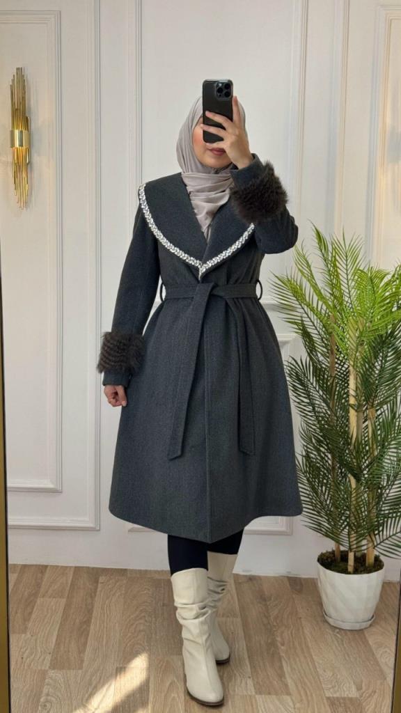 New season women's winter stylish and comfortable trench coat belted model m2048 - gree