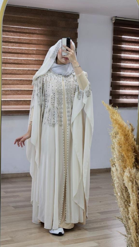 Elegant Kaftan for veiled women with a luxurious design and fine embroidery, model m4440 - Beige