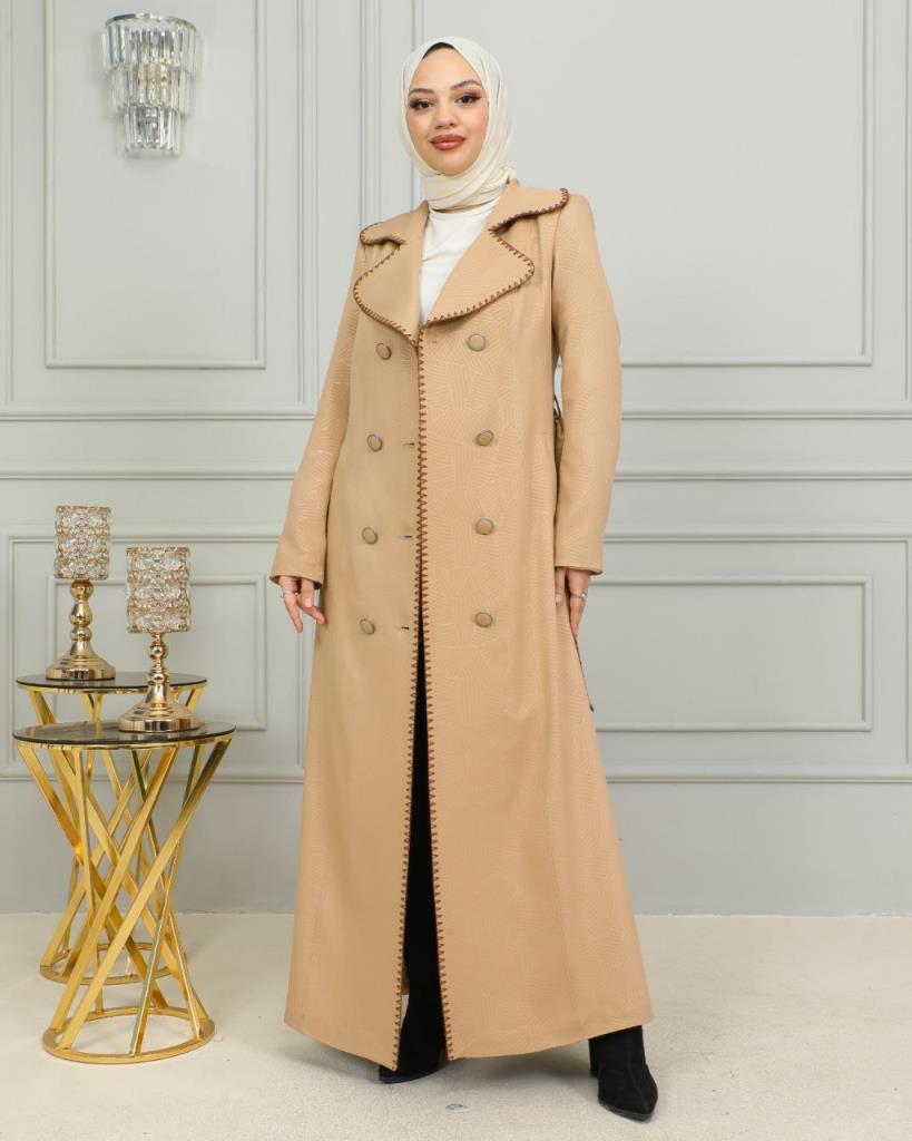 Elegant coat for veiled women with a classic design and a luxurious touch, ideal for occasions, model m8000 - Beige