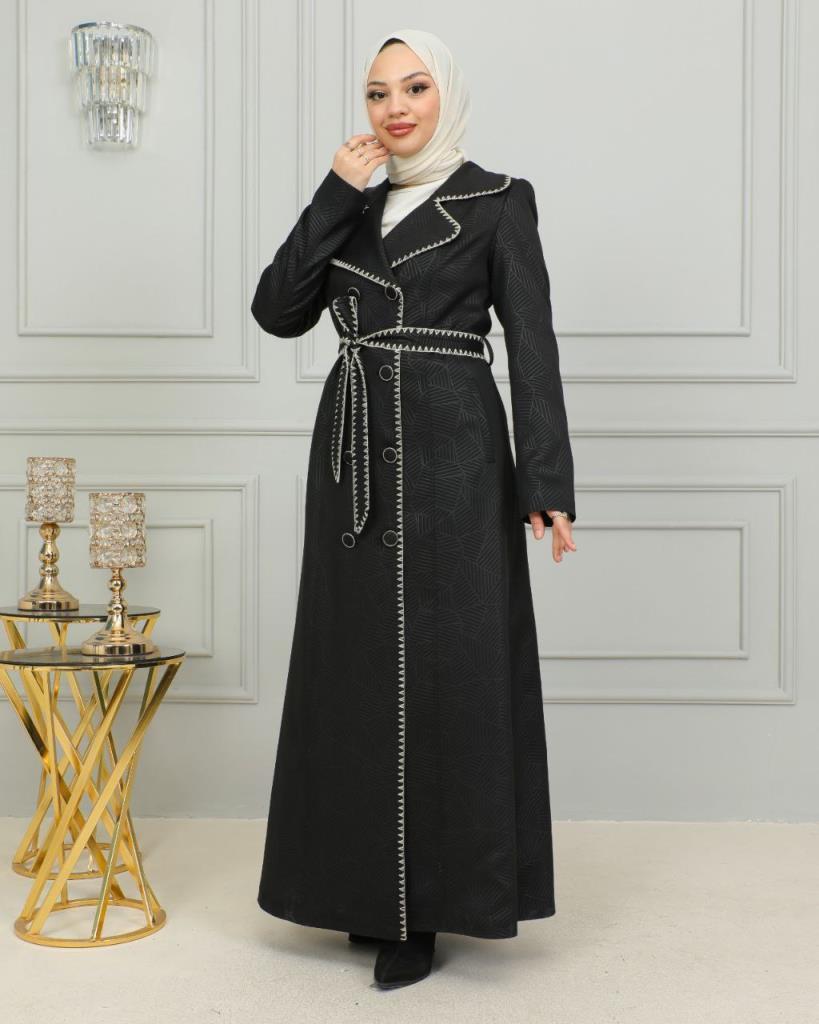 Elegant coat for veiled women with a classic design and a luxurious touch, ideal for occasions, model m8000 - Black