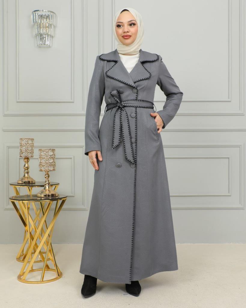 Elegant coat for veiled women with a classic design and a luxurious touch, ideal for occasions, model m8000 - Gray