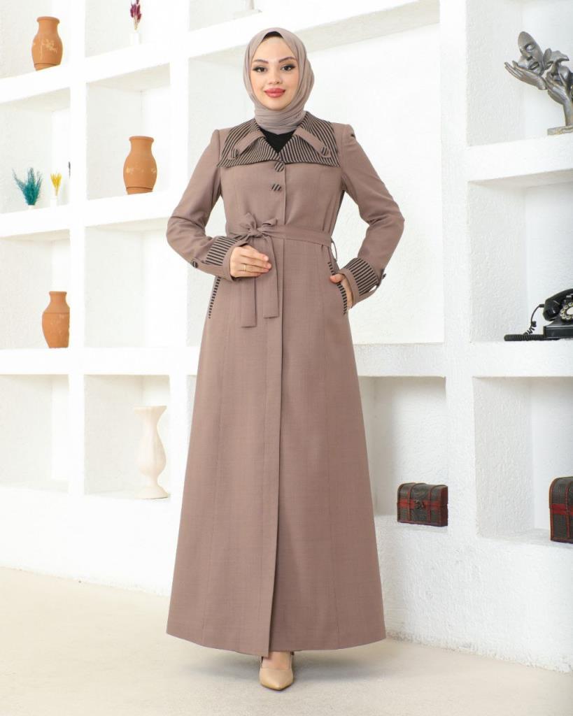 Elegantly designed veiled coat, gives you a modest and distinctive look, model m8002. - Beige