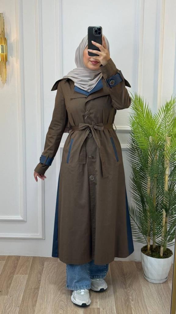 Trench coat for veiled women, multi-colored, spring season, model m8053 - Brown