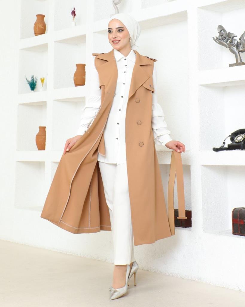 Elegant coat with shirt for veiled women, suitable for many outings, in multiple colors, model m8055 - AÇIK KAHVE