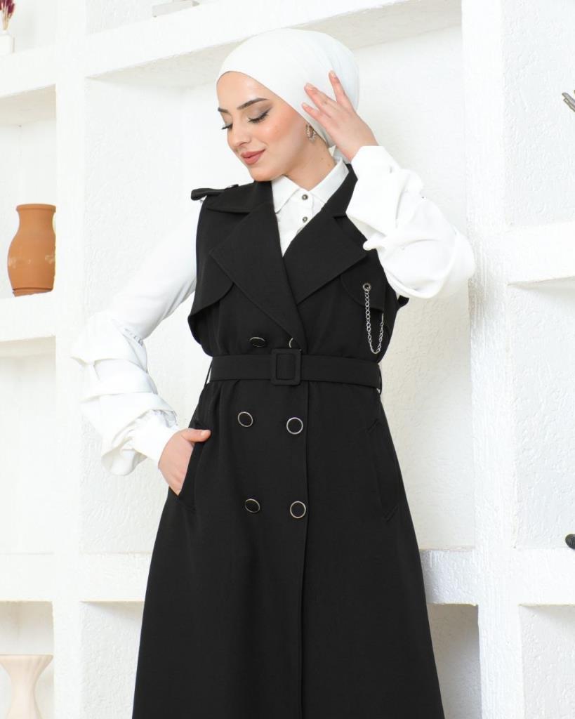 Elegant coat with shirt for veiled women, suitable for many outings, in multiple colors, model m8055 - Black