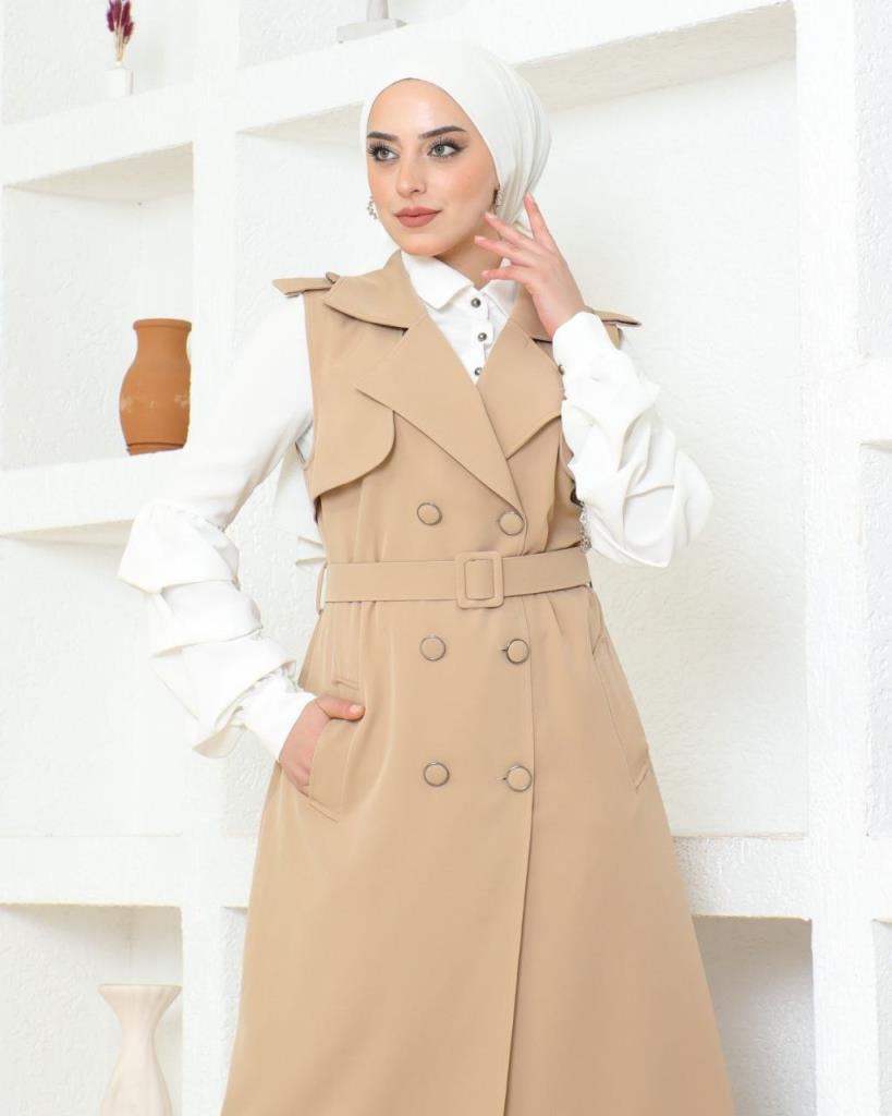 Elegant coat with shirt for veiled women, suitable for many outings, in multiple colors, model m8055 - Beige