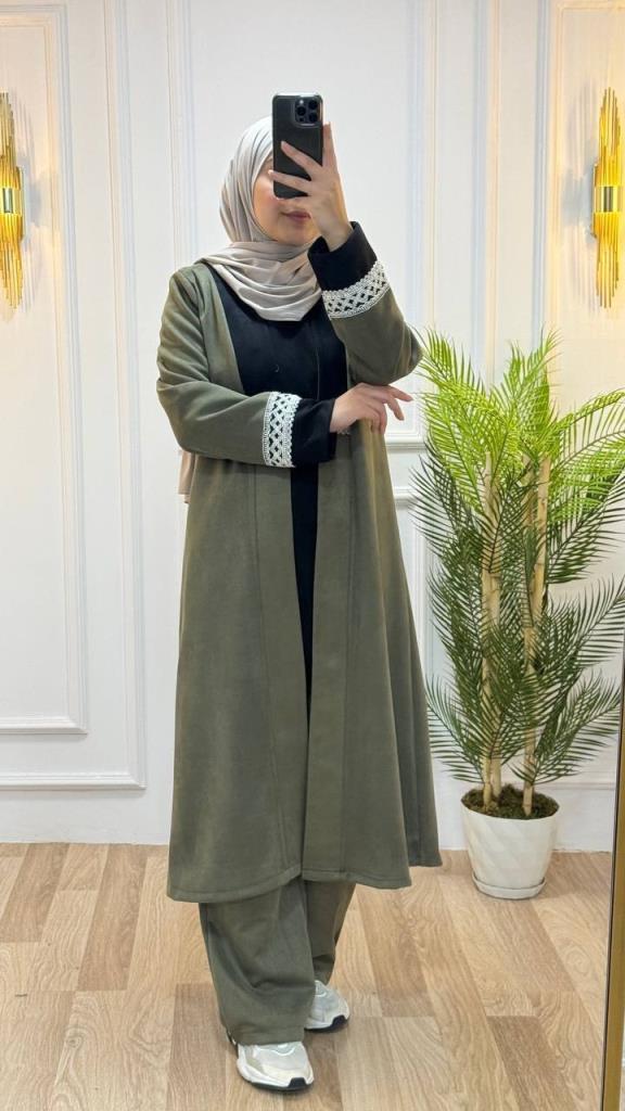 Stylish and comfortable three-piece hijab set, including a long kimono, a blouse, and wide pants. model m8056 - Khaki