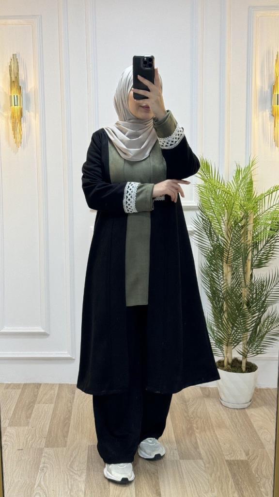 Stylish and comfortable three-piece hijab set, including a long kimono, a blouse, and wide pants. model m8056 - Black