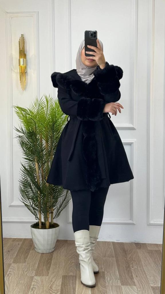 Mid-length winter jacket with fur detail and waist belt, stylish and warm, model m9007 - Black