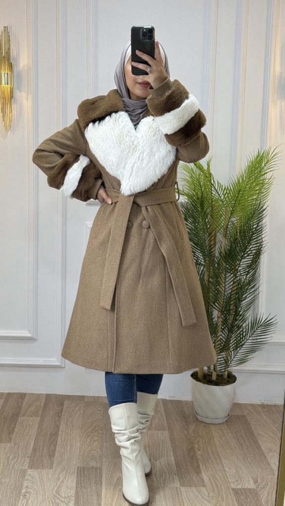 new season women's winter stylish jacket bracelet and collar fur model M9024 - Tan