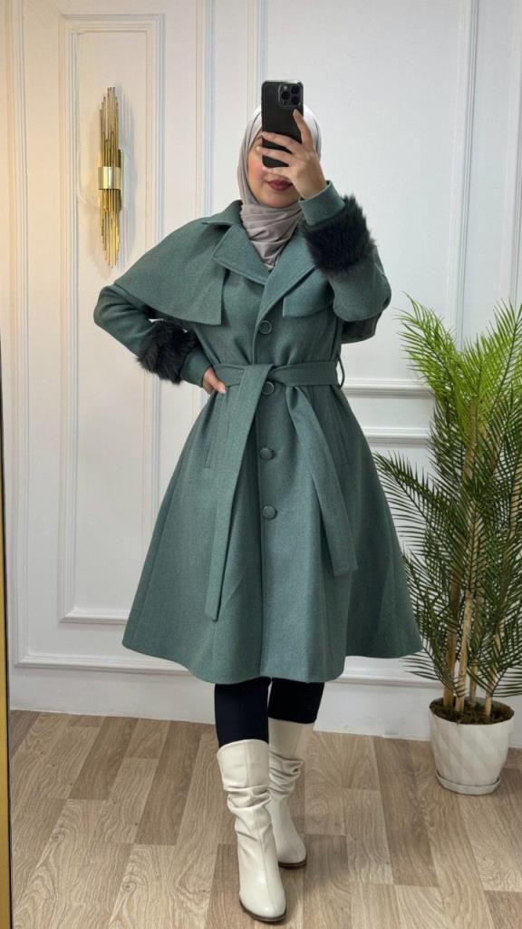 Stylish winter coat with fur collar and sleeves, and belt that highlights the waist, model m9025 - Khaki