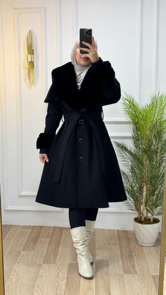 Stylish winter coat with fur collar and sleeves, and belt that highlights the waist, model m9025 - Black