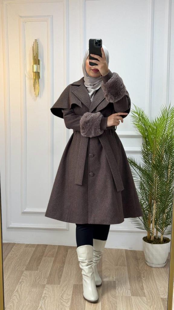 Stylish winter coat with fur collar and sleeves, and belt that highlights the waist, model m9025 - Brown