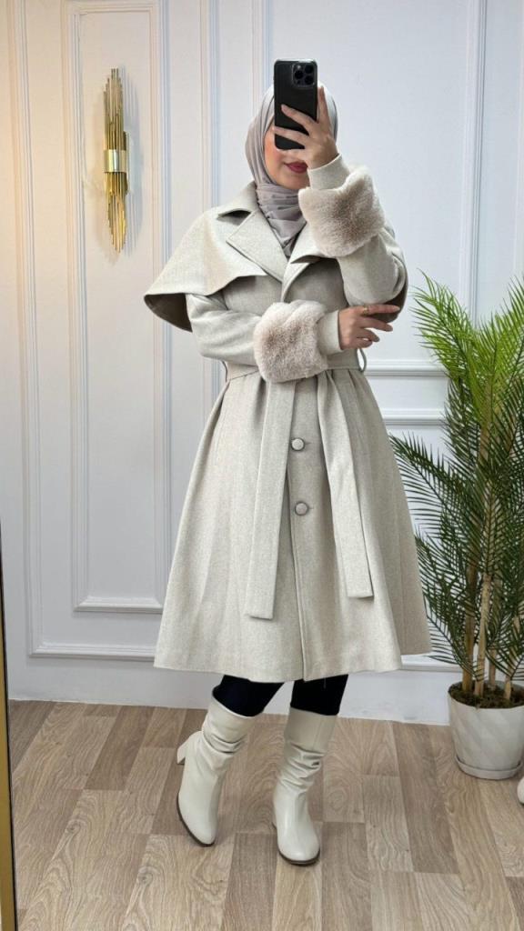 Stylish winter coat with fur collar and sleeves, and belt that highlights the waist, model m9025 - Tan