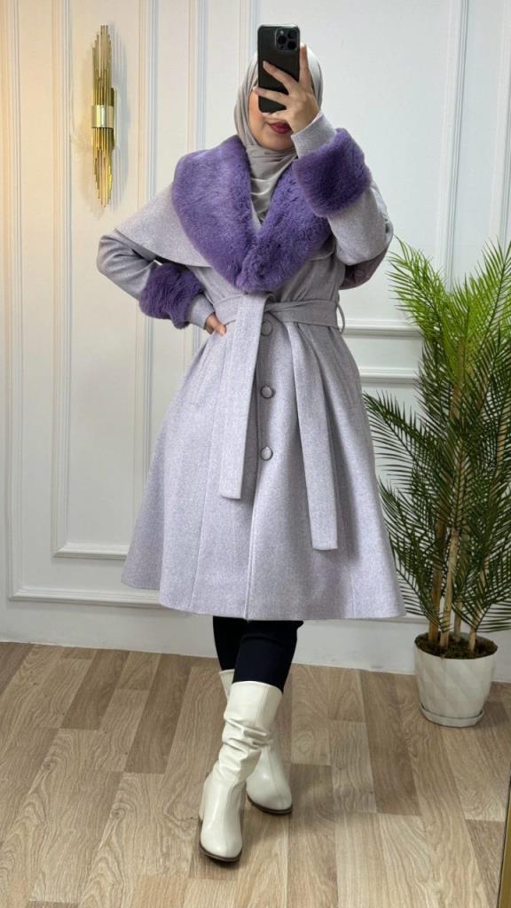 Stylish winter coat with fur collar and sleeves, and belt that highlights the waist, model m9025 - Move