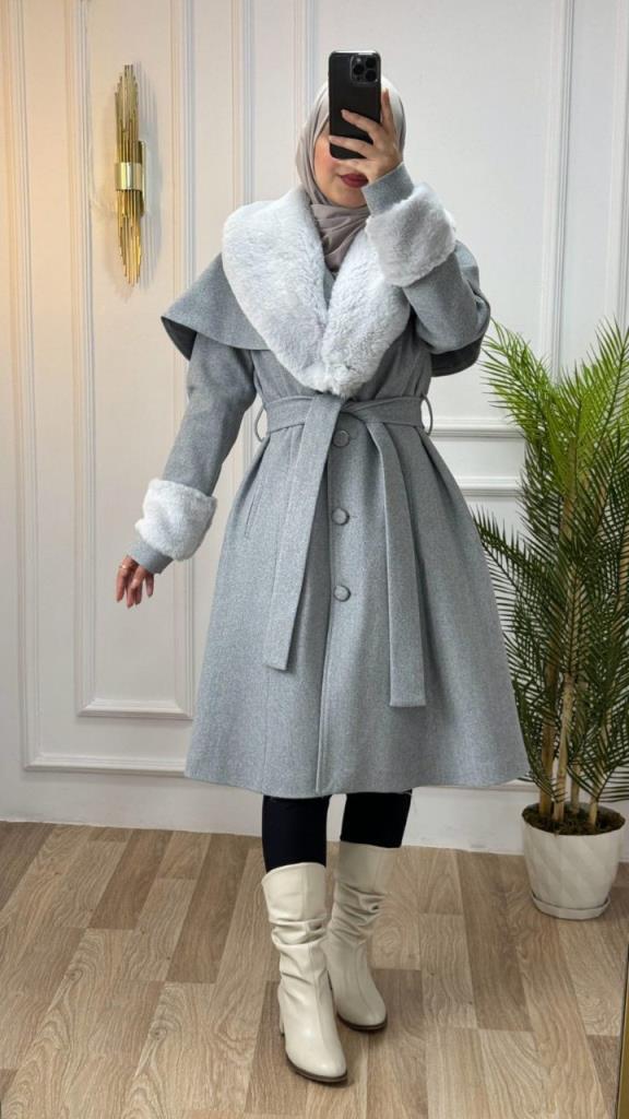 Stylish winter coat with fur collar and sleeves, and belt that highlights the waist, model m9025 - Gray