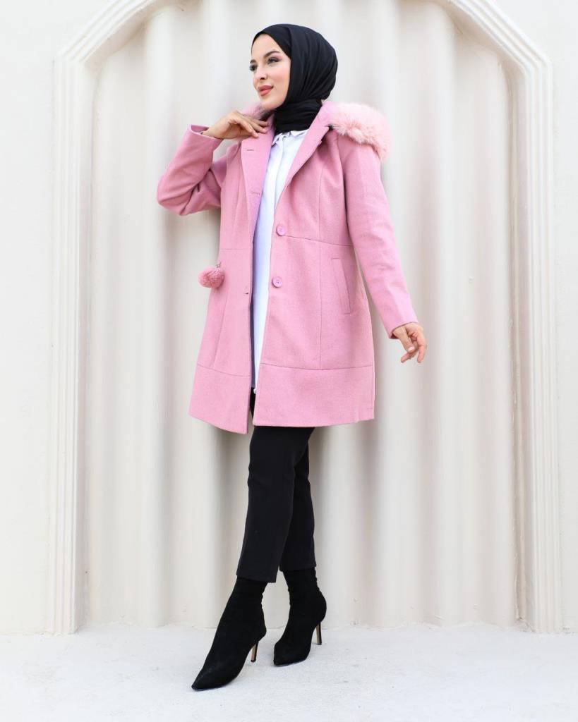 New season women's winter jacket fur hood suitable for daily use model S0003 - Pink