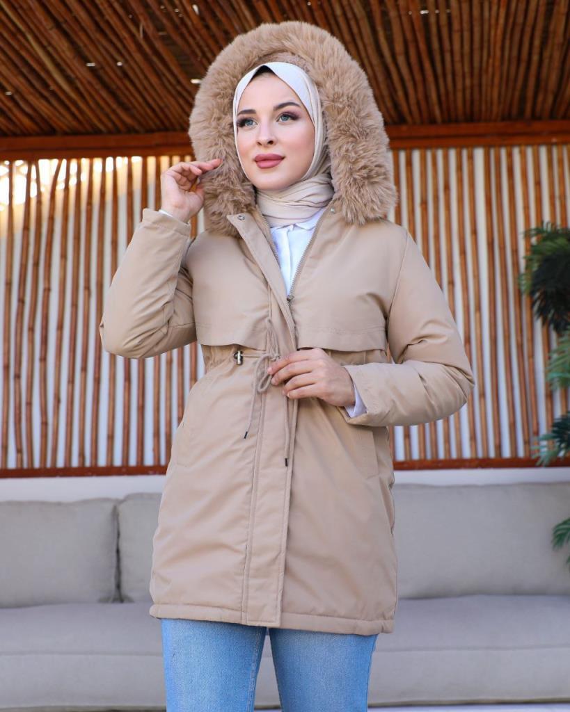 new season women's winter and raincoat jacket fur hood stylish and modern model S0004 - Beige