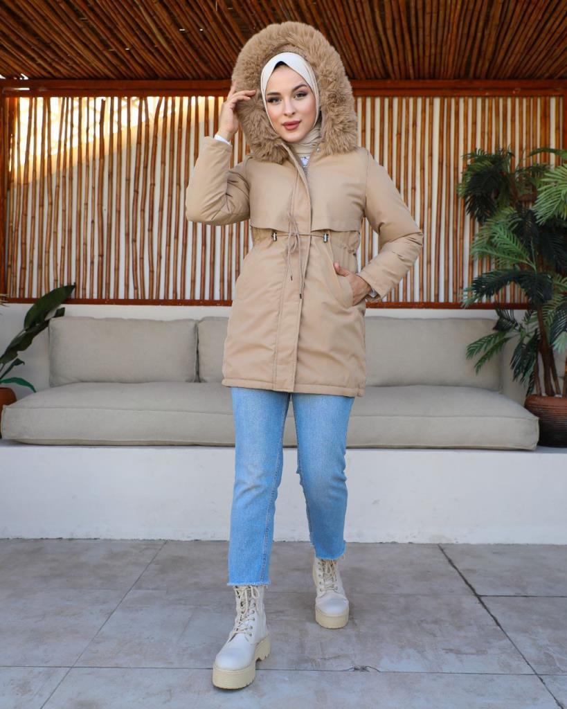 new season women's winter and raincoat jacket fur hood stylish and modern model S0004 - Beige