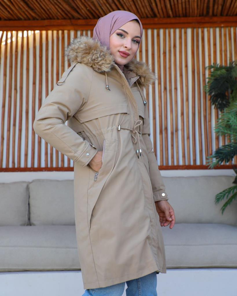 new season women's winter stylish and modern midi jacket fur hood model S0005 - Beige