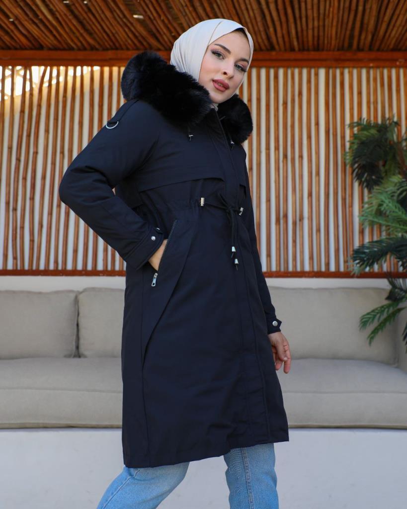 new season women's winter stylish and modern midi jacket fur hood model S0005 - Black