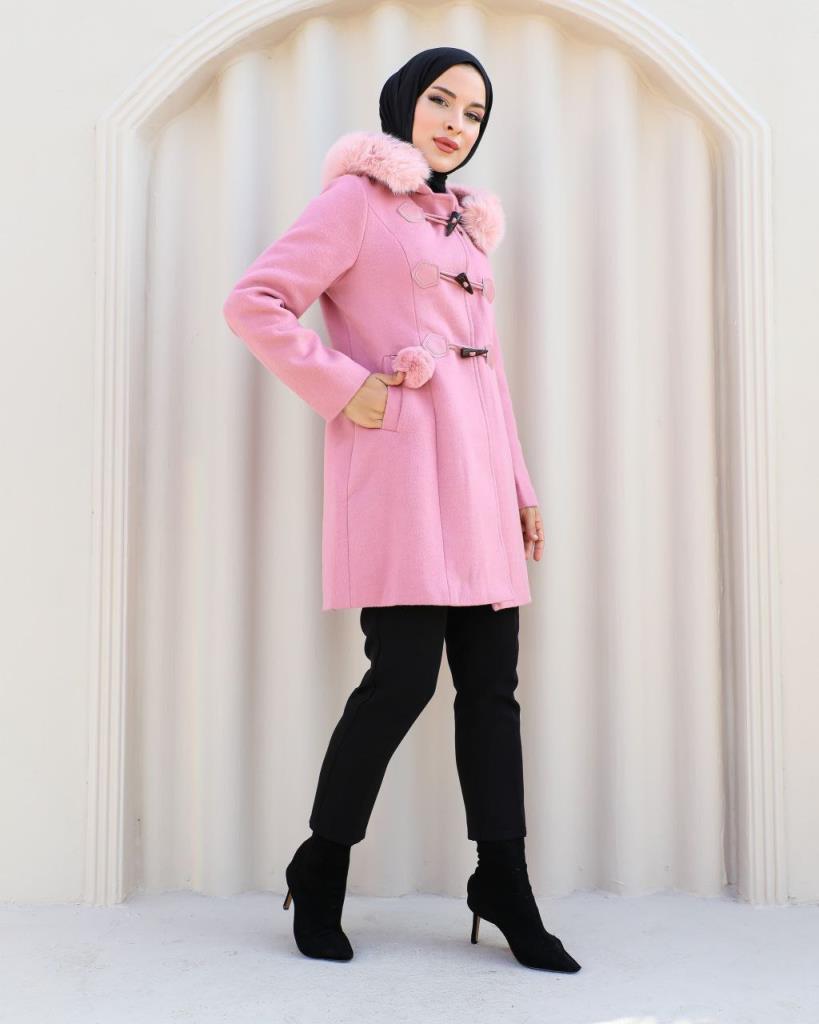 New season women's winter short jacket fur hood suitable for daily use model S0007 - Pink