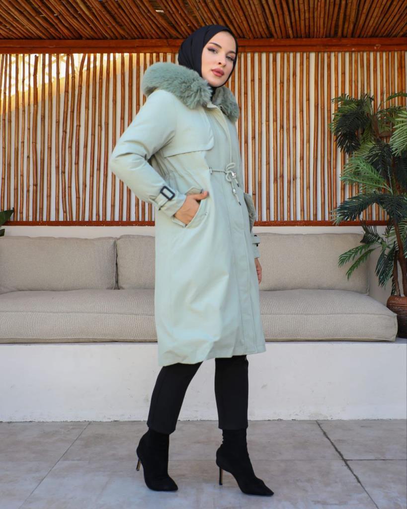 new season women's winter midi jacket fur hood stylish and modern model S0013 - Green