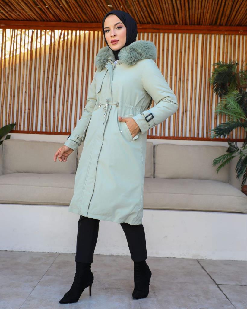 new season women's winter midi jacket fur hood stylish and modern model S0013 - Green