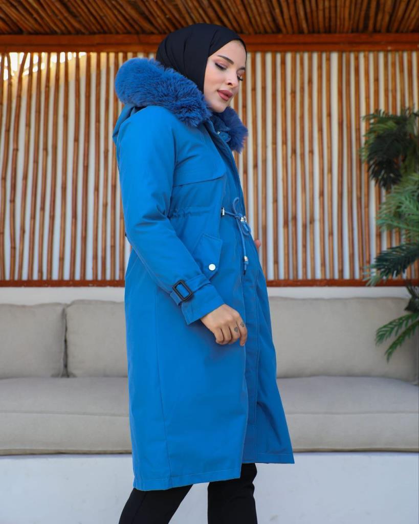 new season women's winter midi jacket fur hood stylish and modern model S0013 - Blue