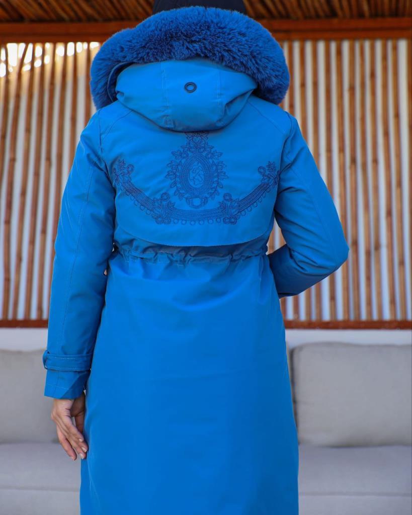 new season women's winter midi jacket fur hood stylish and modern model S0013 - Blue