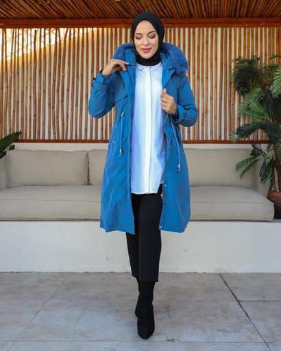 new season women's winter midi jacket fur hood stylish and modern model S0013 - Blue