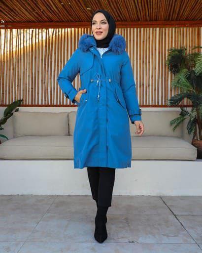 new season women's winter midi jacket fur hood stylish and modern model S0013 - Blue