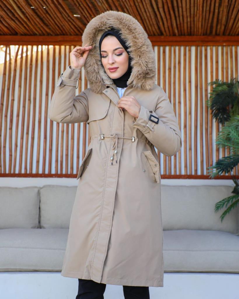 new season women's winter midi jacket fur hood stylish and modern model S0013 - Beige