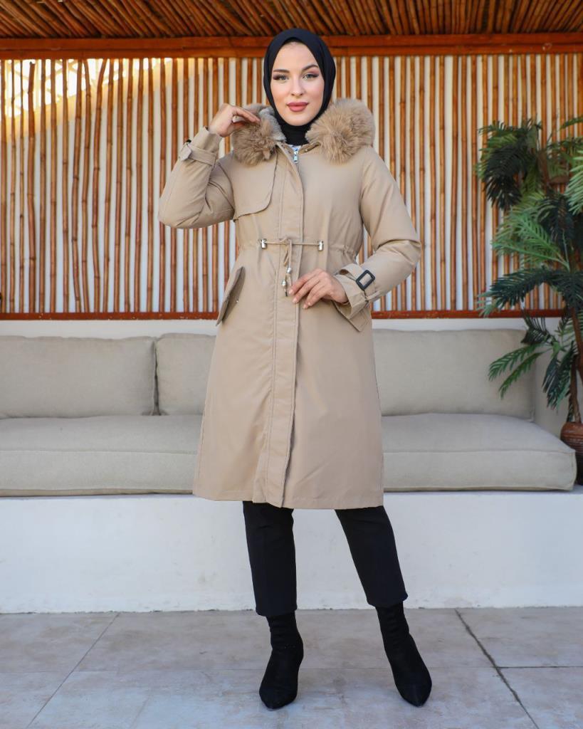 new season women's winter midi jacket fur hood stylish and modern model S0013 - Beige