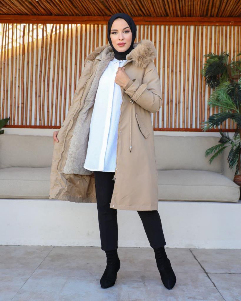 new season women's winter midi jacket fur hood stylish and modern model S0013 - Beige