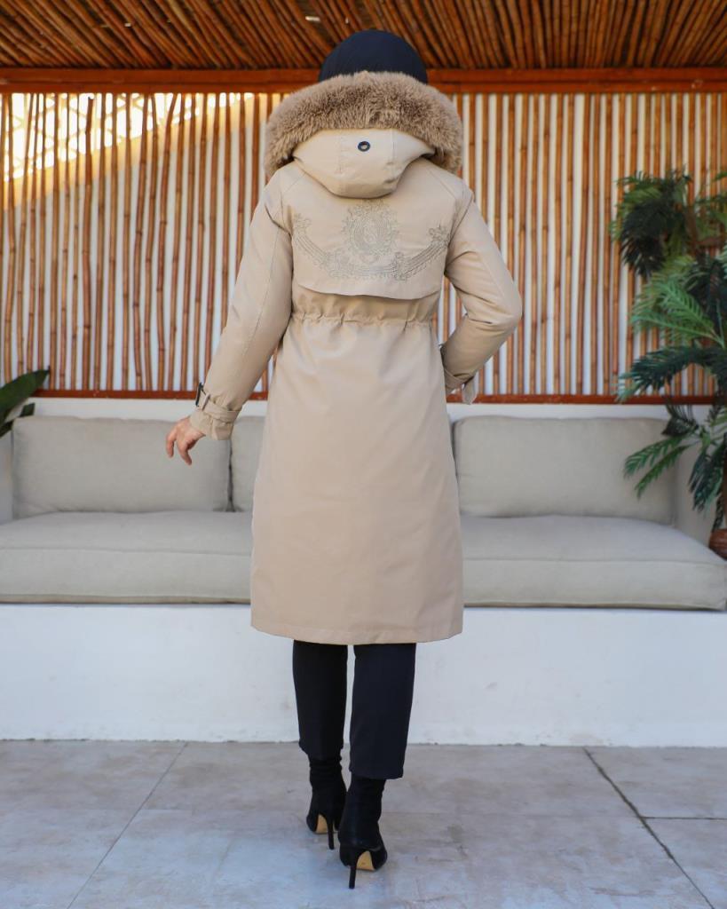 new season women's winter midi jacket fur hood stylish and modern model S0013 - Beige