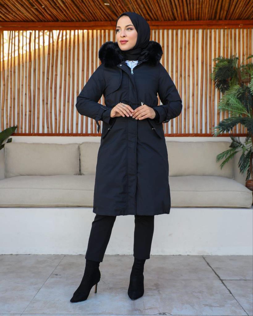 new season women's winter midi jacket fur hood stylish and modern model S0013 - Black