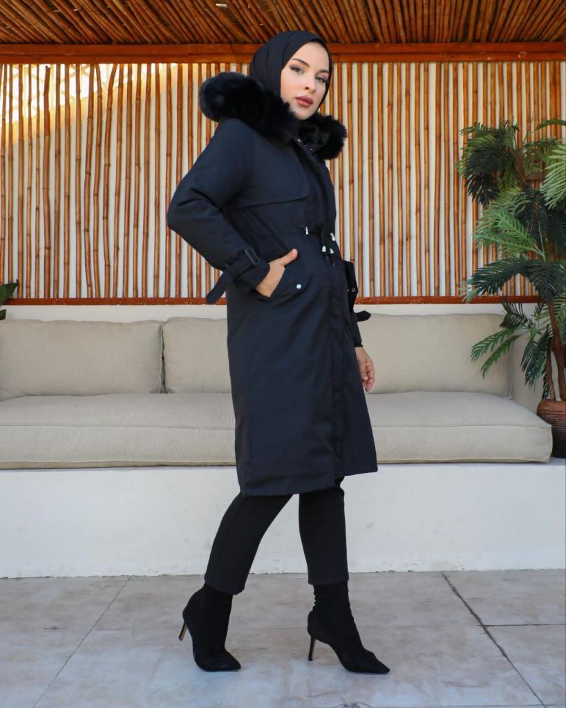 new season women's winter midi jacket fur hood stylish and modern model S0013 - Black