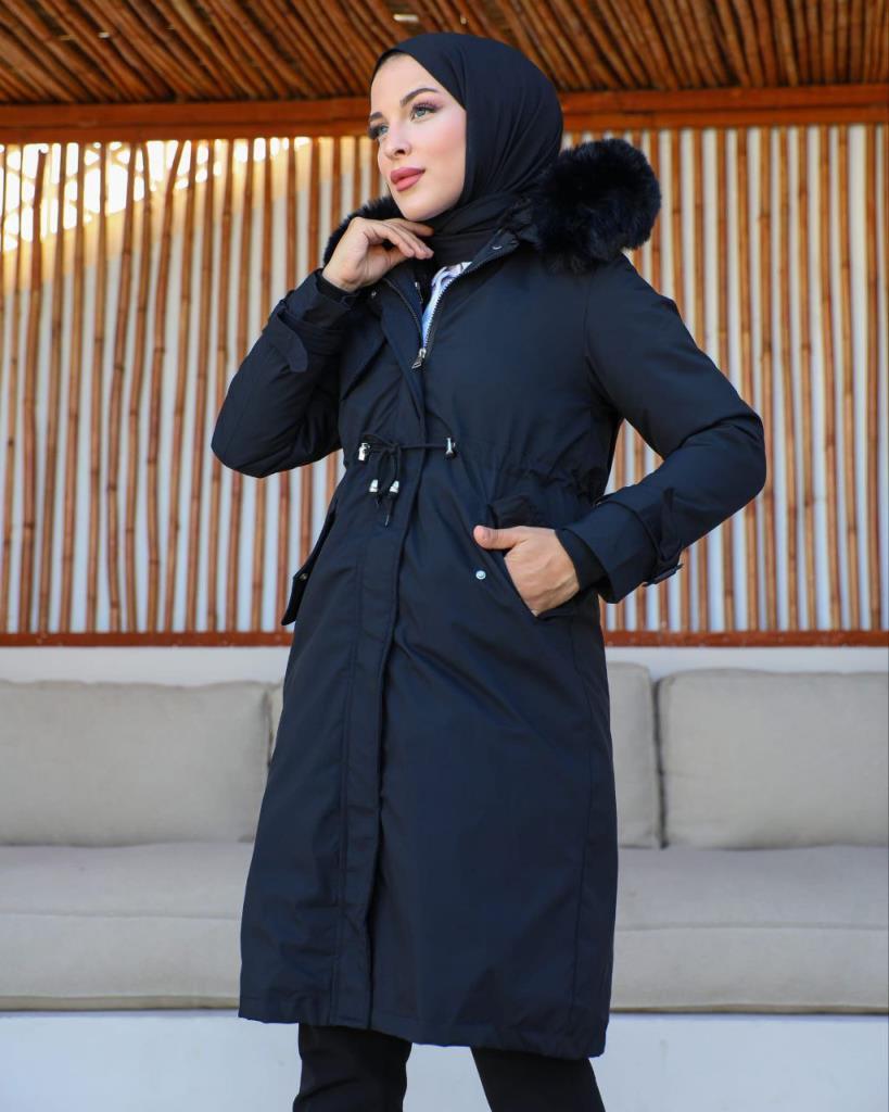 new season women's winter midi jacket fur hood stylish and modern model S0013 - Black